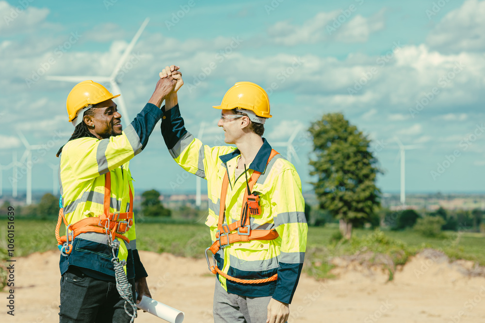 Engineer team stress hand together happy smiling greeting job done at Turbines field wind electricity power generator farm outdoor. Engineer team stress hand together happy smiling greeting job done at Turbines field wind electricity power generator farm outdoor.
