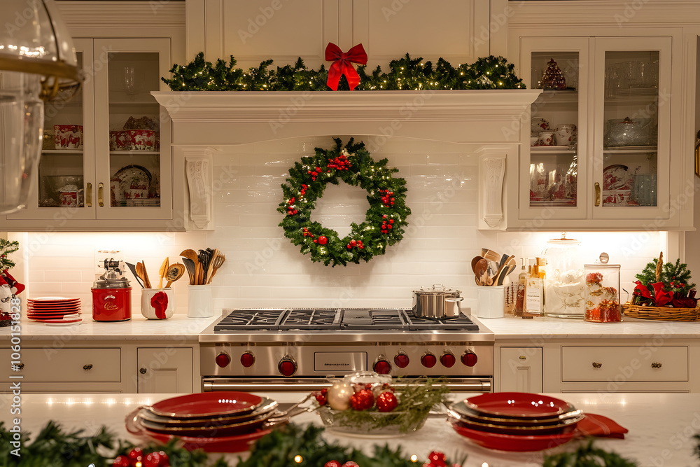A beautifully designed kitchen adorned with Christmas decorations including a wreath, garland, and holiday dinnerware. A beautifully designed kitchen adorned with Christmas decorations including a wreath, garland, and holiday dinnerware.