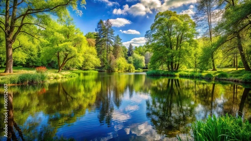 A serene pond surrounded by tall trees and vibrant greenery on a warm spring day, blooming plants, garden, foliage