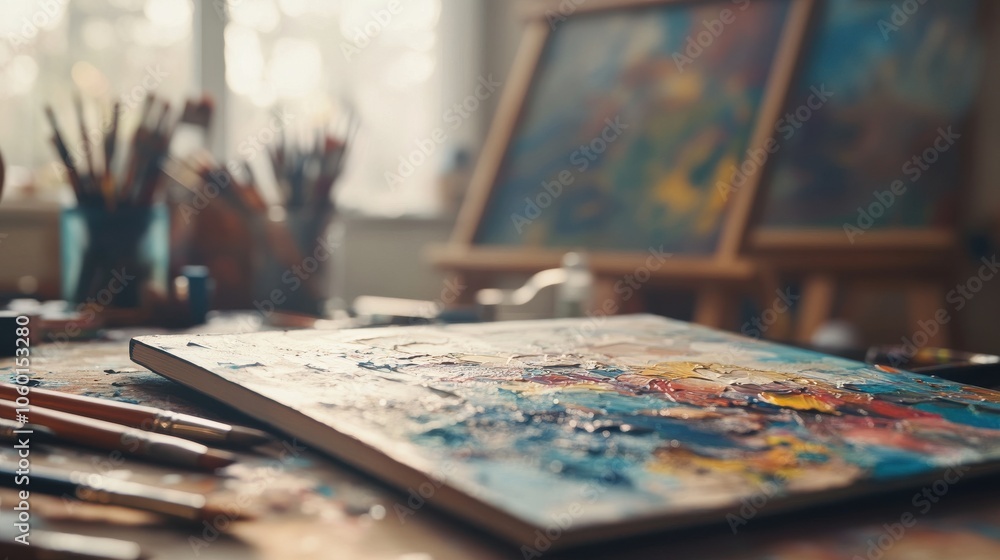 Naklejka premium Artist's Messy Desk with Tools and Paints