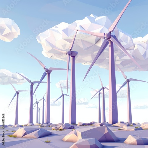 Low Poly Wind Farm in a Cloudy Sky, Eco Friendly Environment Generative AI