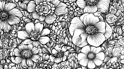 Flower line art seamless pattern. floral hand drawn vector background.