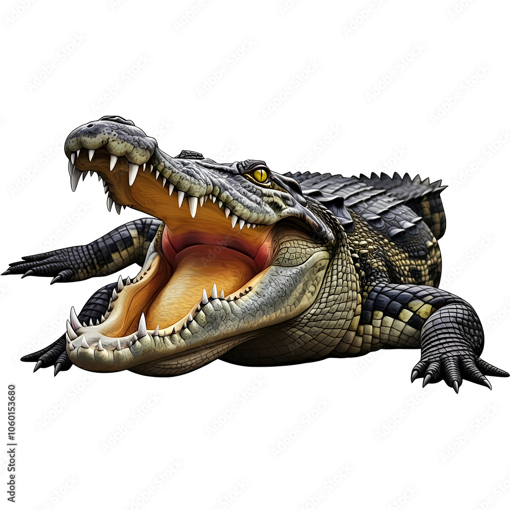 Obraz premium A fierce crocodile with an open mouth, showcasing sharp teeth and powerful jaws, against a dark background.