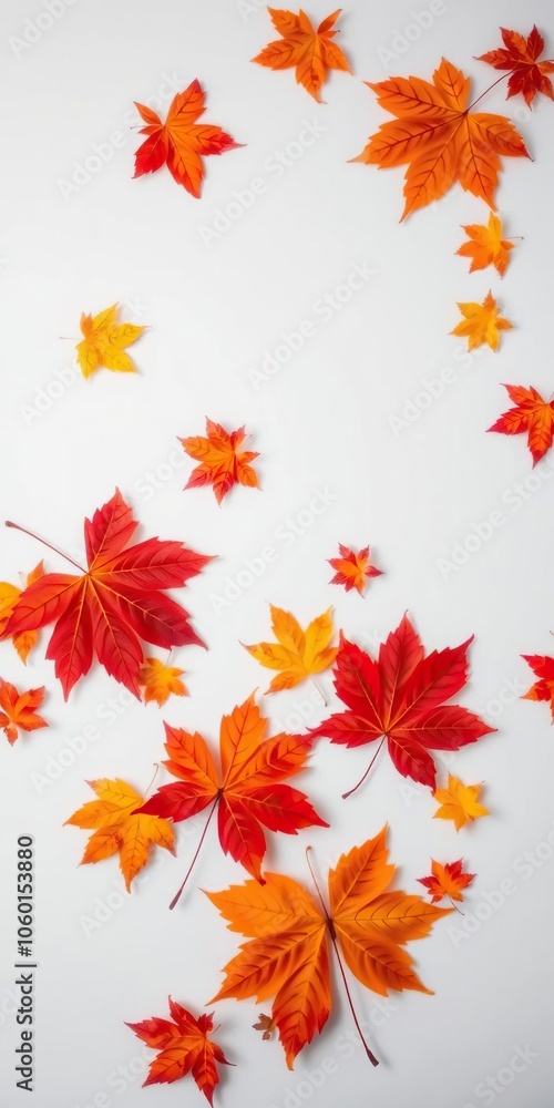 Autumn maple leaves in vibrant shades of red, orange, and yellow scattered gracefully on a clean white background, autumn, maple leaves, foliage Autumn maple leaves in vibrant shades of red, orange, and yellow scattered gracefully on a clean white background, autumn, maple leaves, foliage