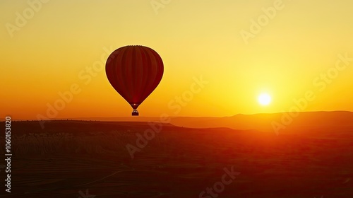 flying air balloons with tourists in basket in sky over morning valley 