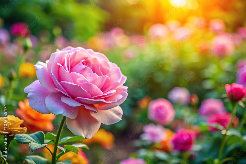 Fototapeta premium Close-up of a delicate pink rose blooming in a garden on a warm sunny day surrounded by lush greenery and vibrant colorful flowers, petals, flowers, nature, pink, blossoms