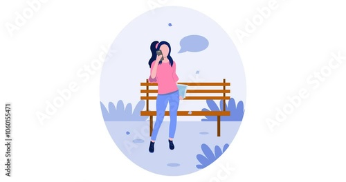 Young girl talking on mobile phone 2d animation. Woman in the park.