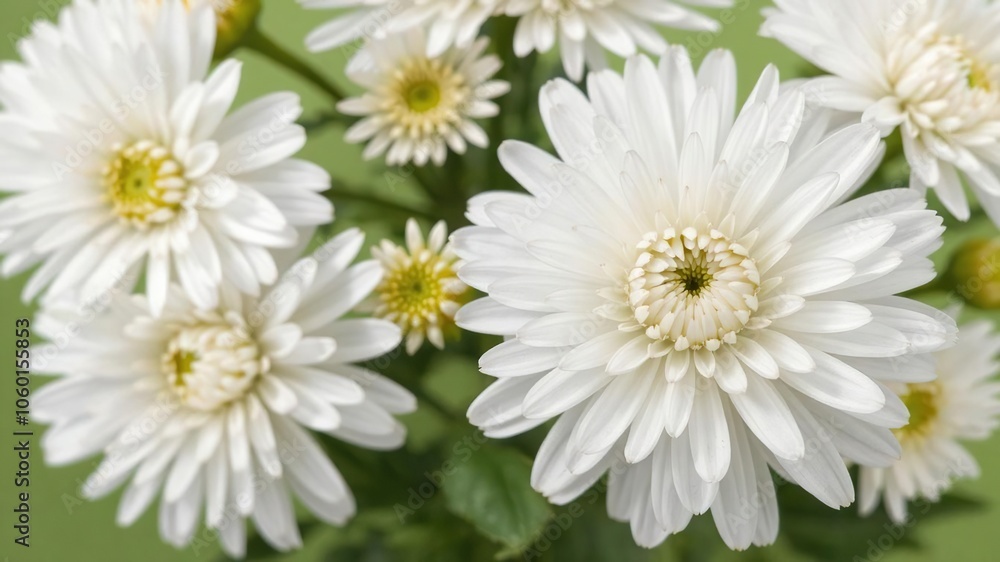 Fototapeta premium Close-up of a vibrant white chrysanthemum flower in full bloom against a soft green background, flower, white, close-up