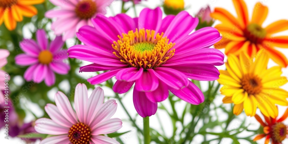 Obraz premium Close-up of a vibrant cosmo flower against a clean white background, botanical, vibrant, flower