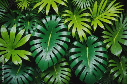 tropical leaves on color background, flat lay