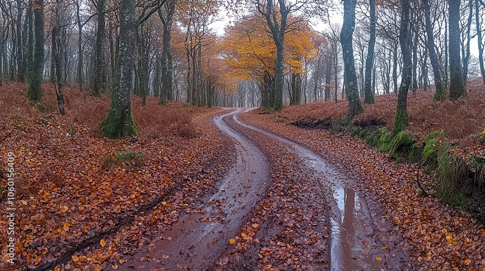 Fototapeta premium A winding path through a forest covered in autumn leaves, with vibrant oranges and yellows, under a gray sky.