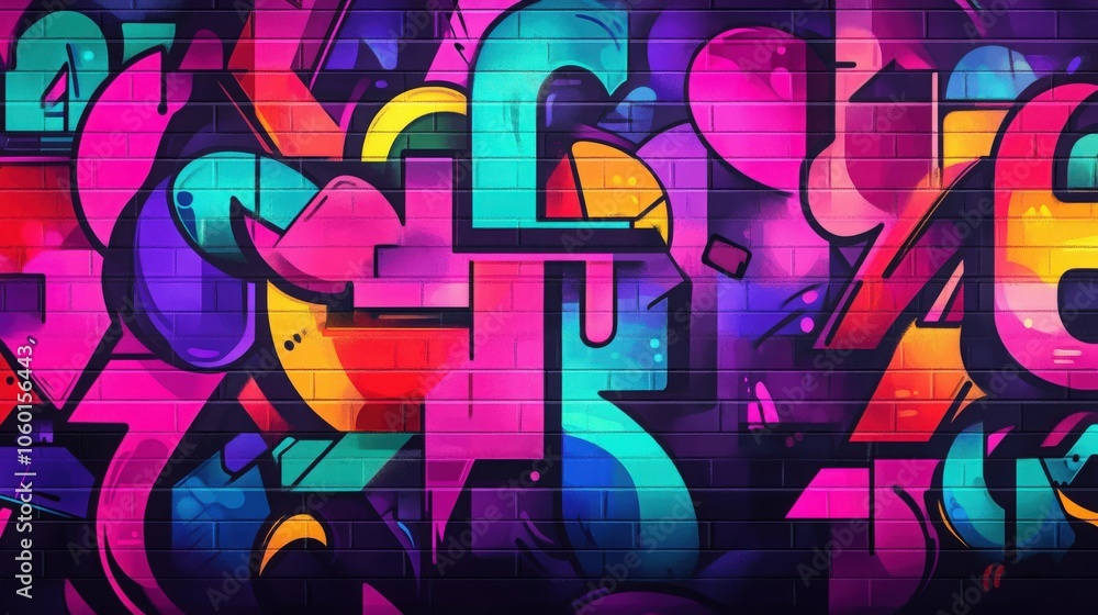 Fototapeta premium Flat vector illustration template background showcasing vibrant neon abstract urban street art in a graffiti style, providing a dynamic and colorful art template suitable for modern designs