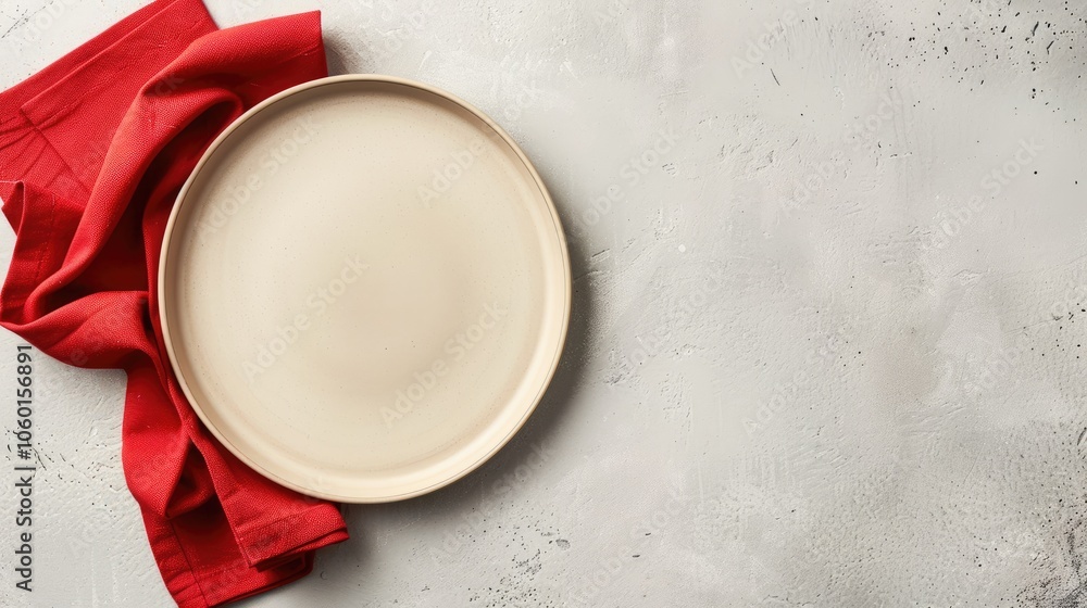 Beige plate with red napkin, viewed from above, flat lay, space for text. Beige plate with red napkin, viewed from above, flat lay, space for text.