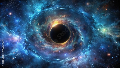 Dark and mysterious galaxy background with a black hole at center, celestial, black hole, asteroid field, nebulae, astrophysics