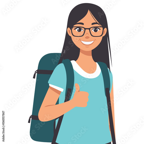 Smiling Female Student with Backpack Giving Thumbs Up Illustration