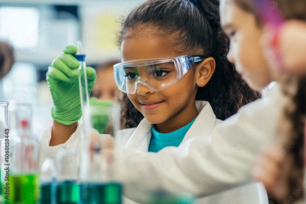 A young girl in a lab coat conducts a science experiment with test tubes and colorful liquids at school. A young girl in a lab coat conducts a science experiment with test tubes and colorful liquids at school.