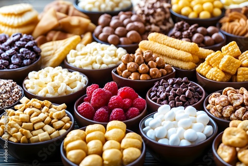 A colorful assortment of snacks and candies arranged in small bowls, featuring a variety of textures and flavors, perfect for sharing or indulging.