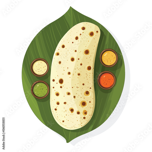 Traditional South Indian Dosa on Banana Leaf with Chutneys - Vector Illustration