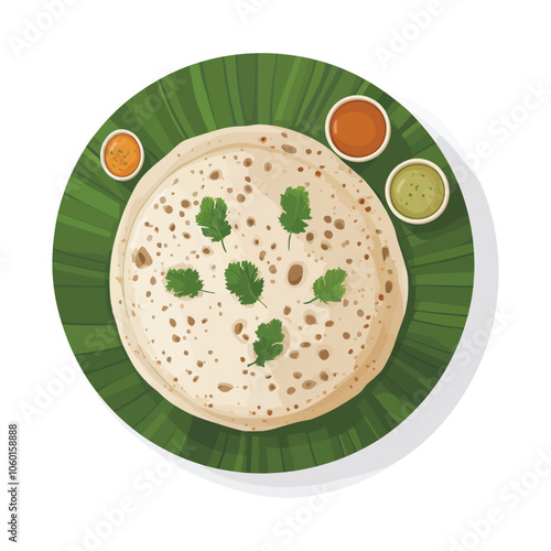 South Indian Cuisine - Dosa with Chutneys Served on Banana Leaf Illustration