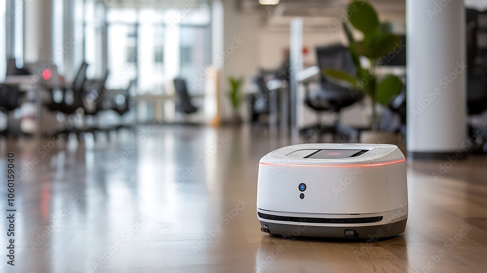 Autonomous robot sweeps modern office space efficiently while enhancing workplace cleanliness and productivity Autonomous robot sweeps modern office space efficiently while enhancing workplace cleanliness and productivity