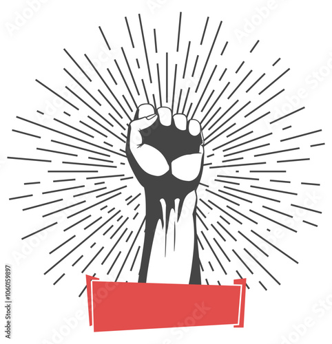 Rised fist hand gesture emblem. Vector hand clenched into fist and rising up, symbol isolated on white background. Power sign. Human hand up in the air