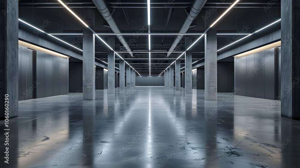 Fototapeta premium Industrial design project empty hall with led lights on top, grey walls and glossy concrete floor