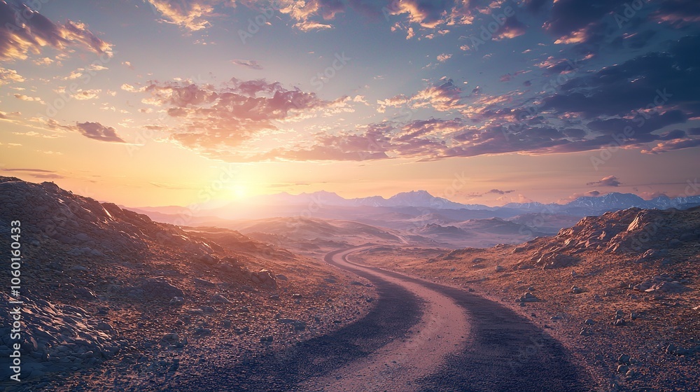 Fototapeta premium Design an image of a winding mountain path leading to a bright horizon