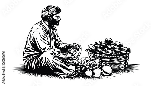 Hand-Drawn Illustration of Indian Fruit Seller Man in Traditional Attire