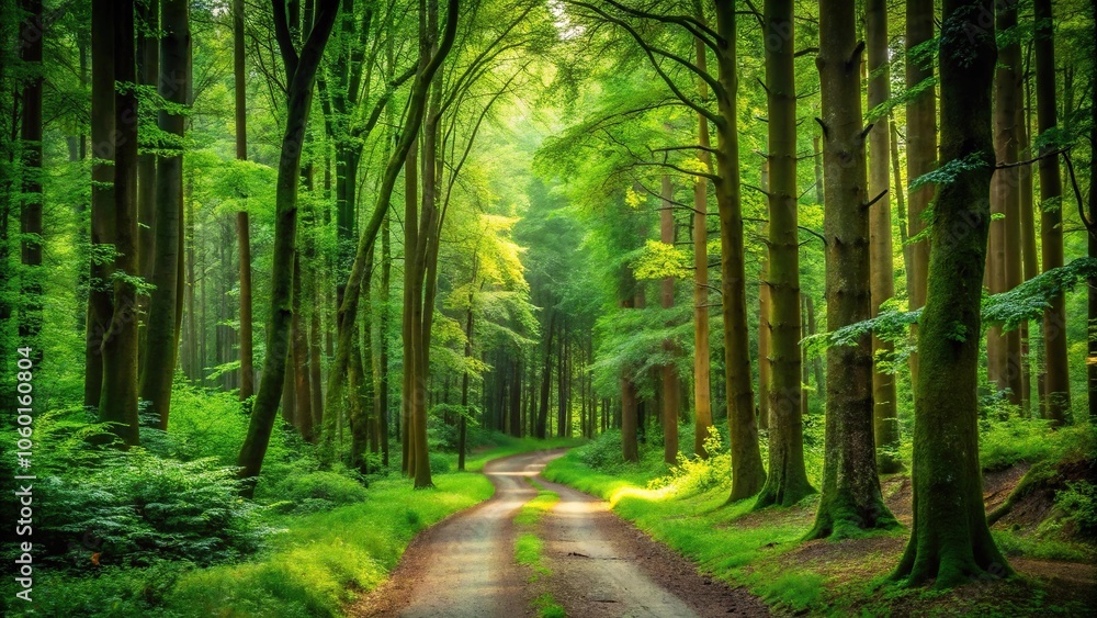 Fototapeta premium Lush green forest with tall trees and a winding dirt path leading into the distance, woodlands, scenery, hiking, trees