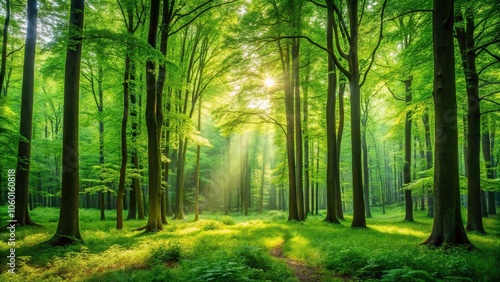 lush green forest landscape with tall trees and vibrant foliage, branches, plants, environment, woodland