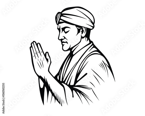 Hand-Drawn Spiritual Indian Man Praying in Vintage Engraved Illustration Style
