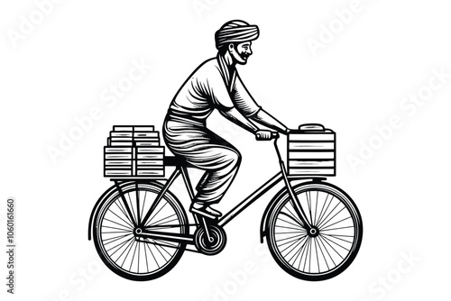 Vintage Hand-Drawn Illustration of an Indian Man Riding a Bicycle with Goods