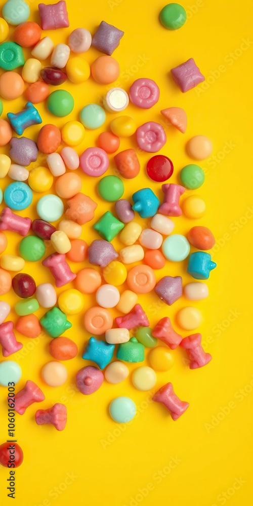 Obraz premium Multicolored candy in various shapes and sizes scattered on a vibrant yellow background, candy, background