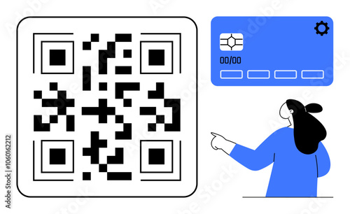 Large QR code next to a blue smart card and a person pointing. Ideal for digital payments, online transactions, secure payments, modern technology, and electronic commerce. Minimalist vector style