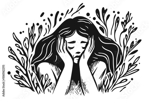  Hand-Drawn Illustration of a Sad Woman Surrounded by Abstract Floral Elements