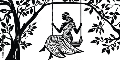Hand-Drawn Silhouette of Indian Woman on Swing in Nature with Vintage Style