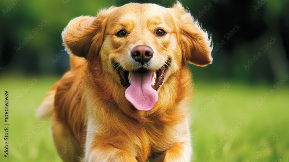 Playful golden retriever running in green park Playful golden retriever running in green park