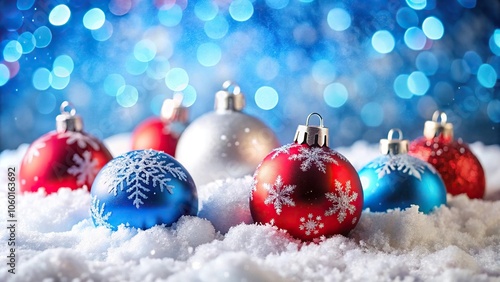 Christmas balls in red, blue, and white with snow wallpaper pattern in Depth of Field