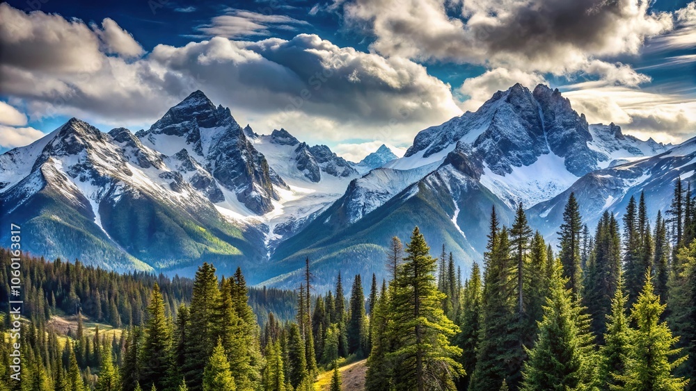 Snow-capped mountain peaks with rugged terrain and pine trees forming a dramatic skyline, mountain range, snow, natural beauty, scenic view, majestic peaks Snow-capped mountain peaks with rugged terrain and pine trees forming a dramatic skyline, mountain range, snow, natural beauty, scenic view, majestic peaks