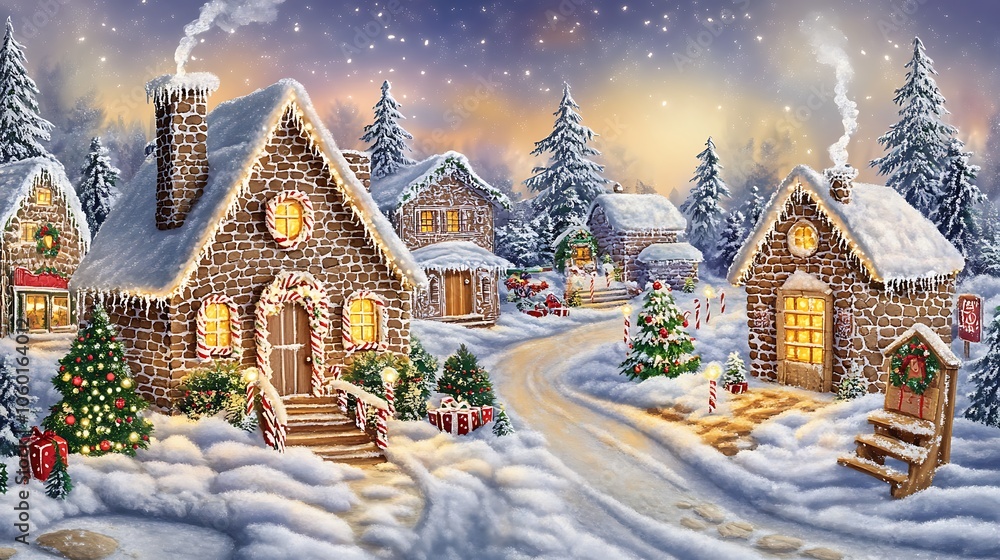 Fototapeta premium This picturesque scene features a gingerbread house straight out of a fairytale, embellished with sugary embellishments and a sprinkling of snow