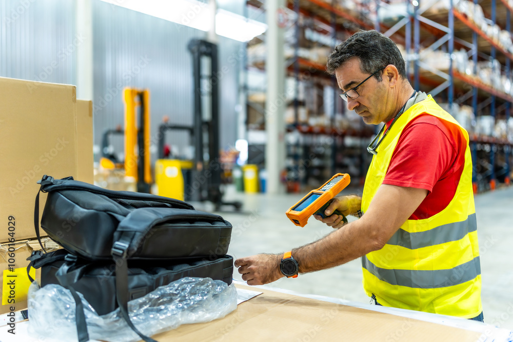 Man taking inventory using scanner to read barcode of products Stock ...