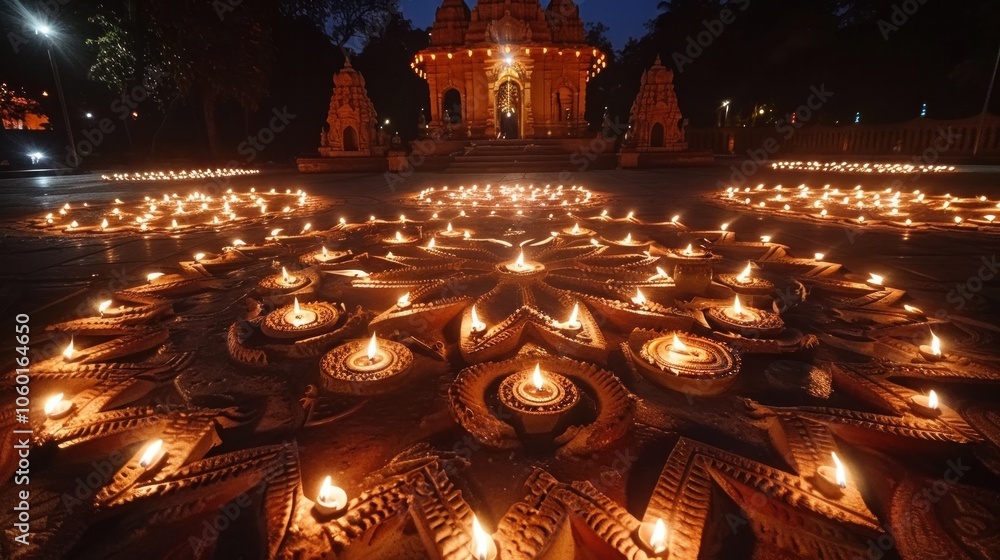 Obraz premium Diwali the Festival of Lights celebrated with colorful illuminated clay lamps called rituals at a Hindu temple