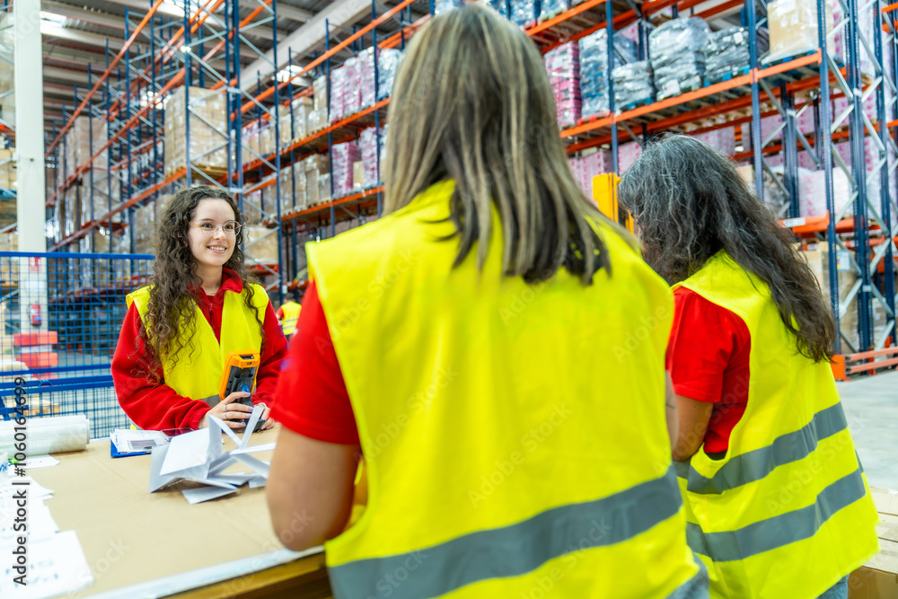 Fototapeta premium Female factory workers pack packages for delivery