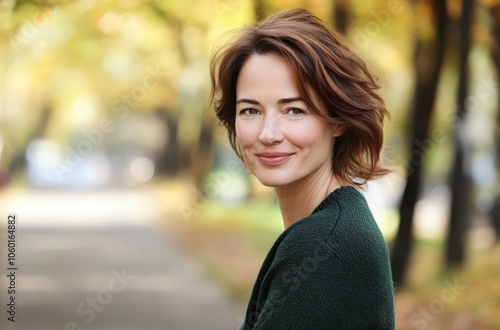 Smiling middle-aged woman enjoying nature in a park