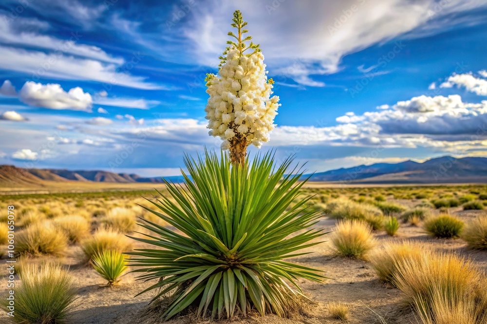 Tall succulent yucca plant with thick white flowers and sharp green leaves standing alone in a desert landscape, yucca plant, desert landscape, succulent, cactus, foliage Tall succulent yucca plant with thick white flowers and sharp green leaves standing alone in a desert landscape, yucca plant, desert landscape, succulent, cactus, foliage