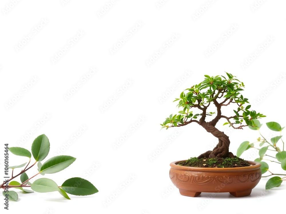 Obraz premium Tree bonsai with intricate twisted branches and vibrant green leaves isolated on a white background, isolated, gardening, leaves