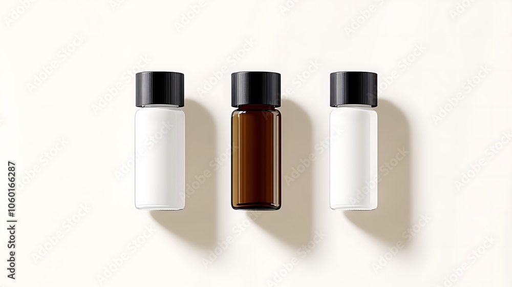 Three small glass bottles in varying earth tones of white, black, and brown, offering a reusable and eco friendly option for packaging skincare or beauty products Three small glass bottles in varying earth tones of white, black, and brown, offering a reusable and eco friendly option for packaging skincare or beauty products