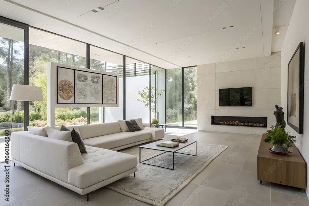 Luxurious Minimalist Living Room with Large Windows and Nature View Luxurious Minimalist Living Room with Large Windows and Nature View