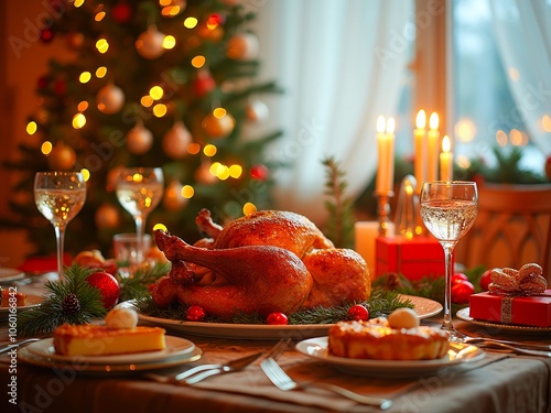 Turkey on table, Christmas tree, candles photo