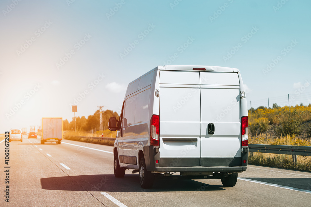 Highway with a white cargo van ahead Highway with a white cargo van ahead
